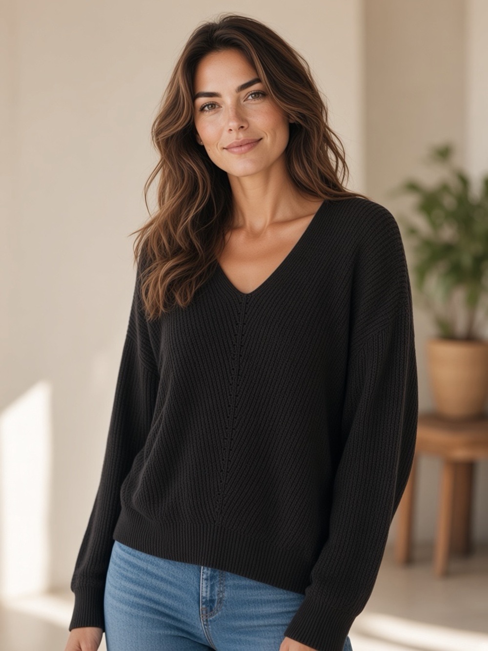 1. State Black V-Neck Ribbed Pullover Sweater
